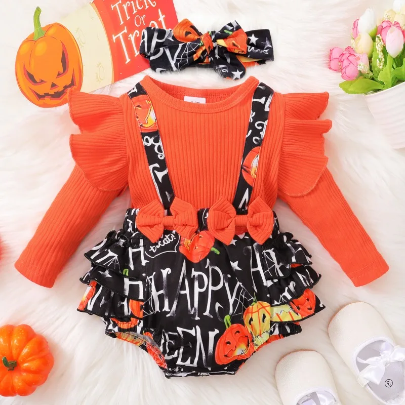 

Baby Bodysuit Sets Halloween Clothes Flying Sleeves Bow Tie Shorts Pumpkin Print Cute Infant Costume Baby Girls Clothes 3PCS