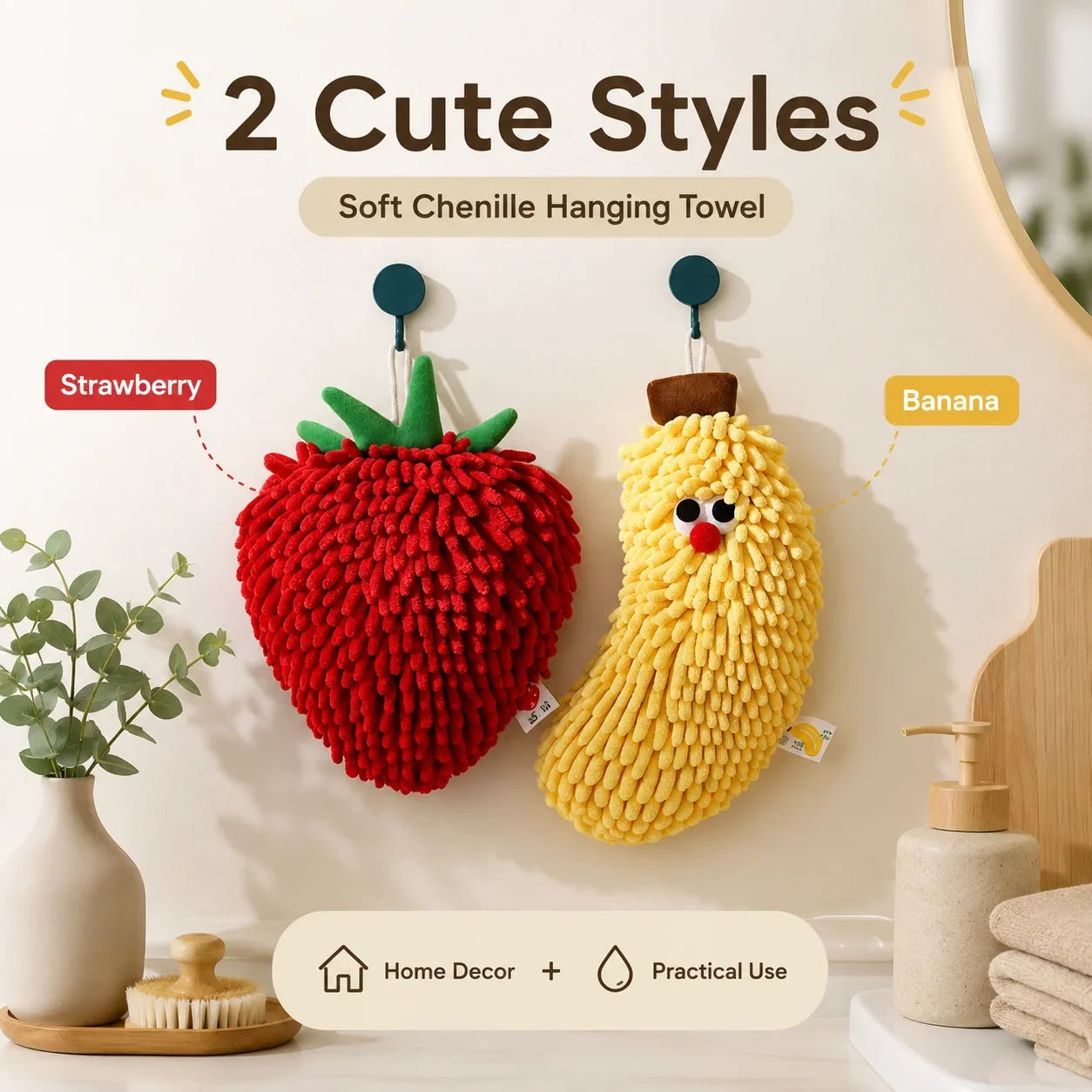Big Eye Fruit Chenille Hand Towel, Super Absorbent Quick Dry Hanging Design, Festive Red Kitchen Bathroom Drying Cloth