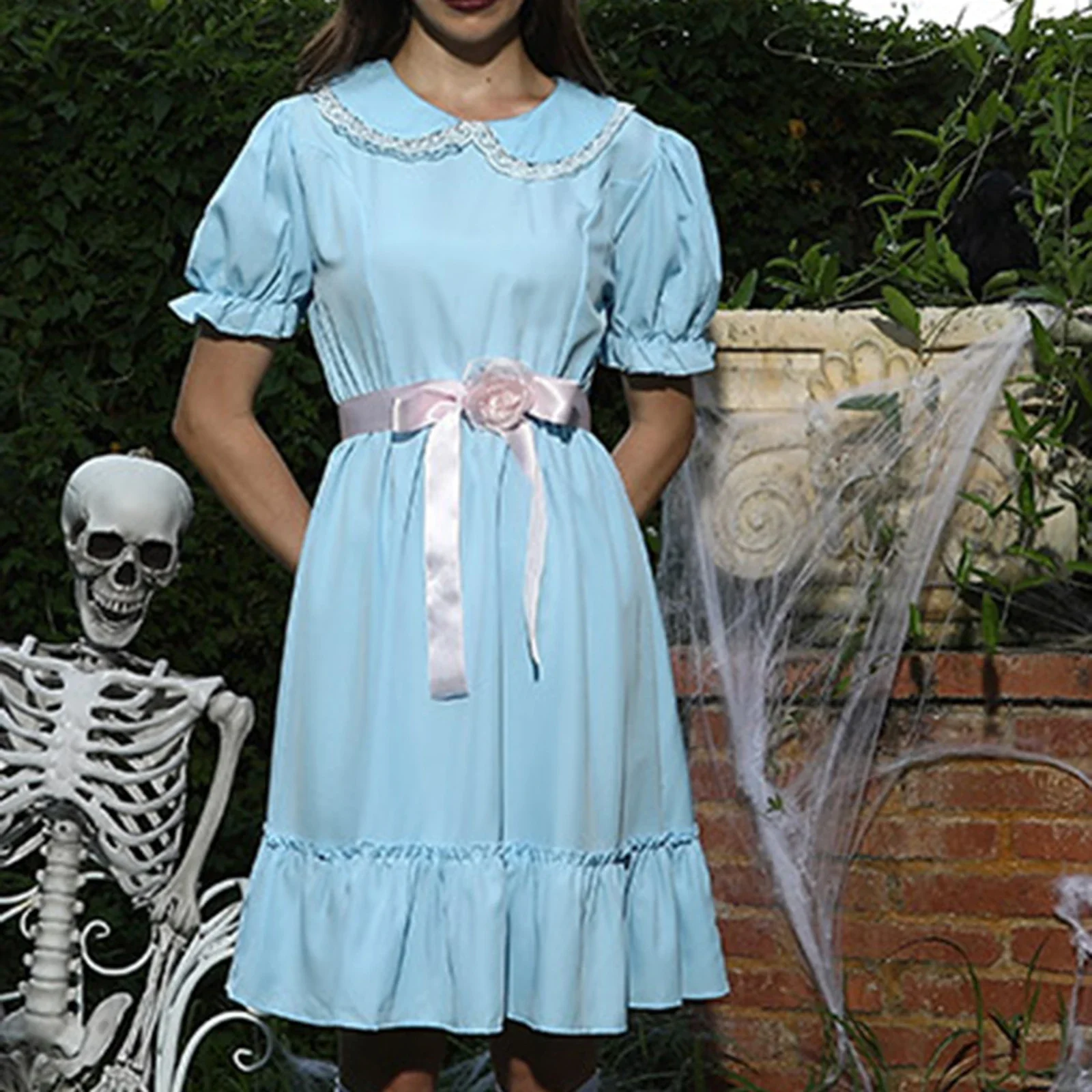 Vestido feminino com gola de boneca Halloween, manga plissada, babado em camadas, vestido linha A com cinto, clube diário da festa