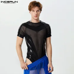 INCERUN 2024 Sexy New Men's Homewear Flash Splicing Mesh Design Jumpsuits Fashionable Male Short Sleeve Triangle Bodysuits S-3XL