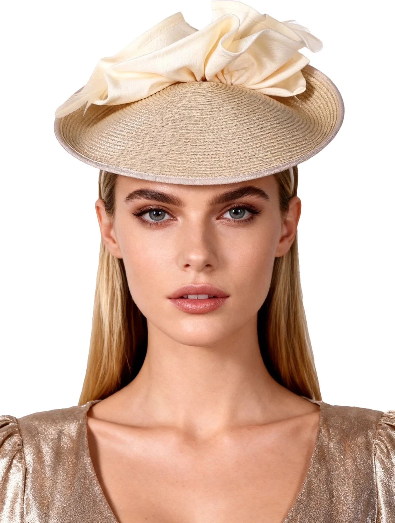 Elegant Champagne Straw Derby Cap with Feather Formal Occasion Fascinator Hats for Women Luxury Cocktail Tea Party Accessory