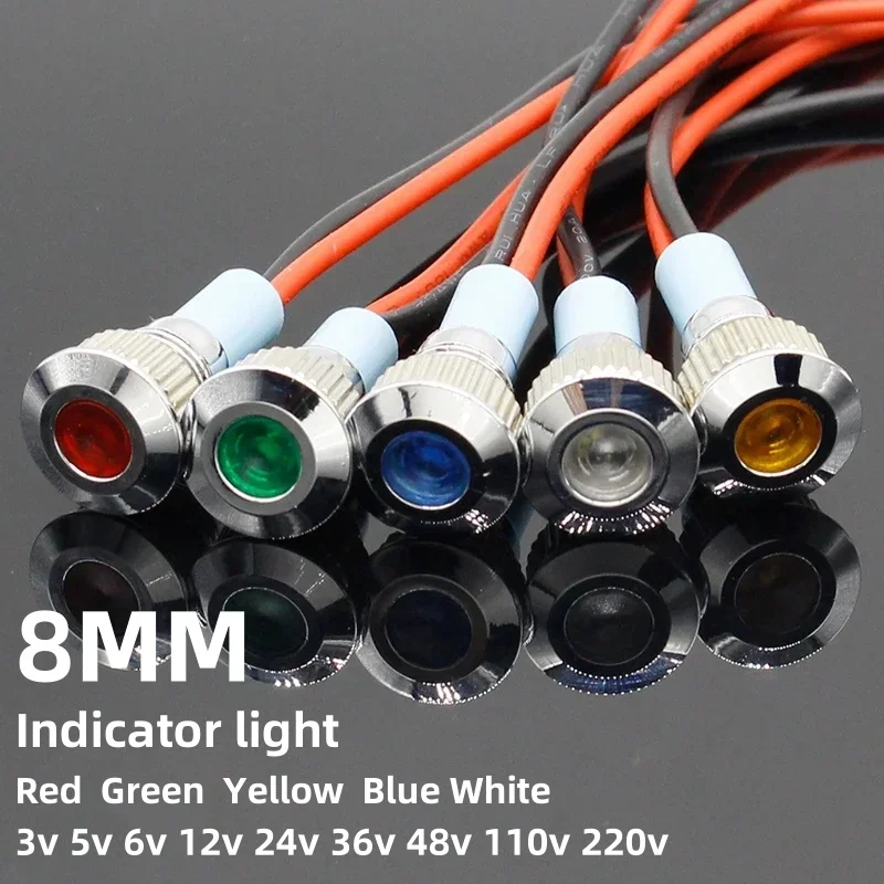 1pc 8mm 3V-220V LED Metal Indicator Light Waterproof Signal Lamp Dot Light With Wire Red Yellow Blue Green White