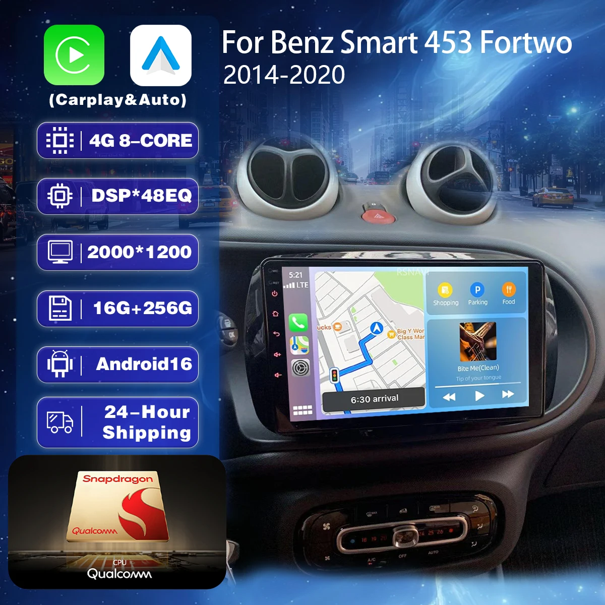 Ships in 24 Hours Android 16 Carplay Auto 2K Screen Car Radio Multimedia Player For Smart 453 Fortwo 2014 2015 - 2020 Autoradio