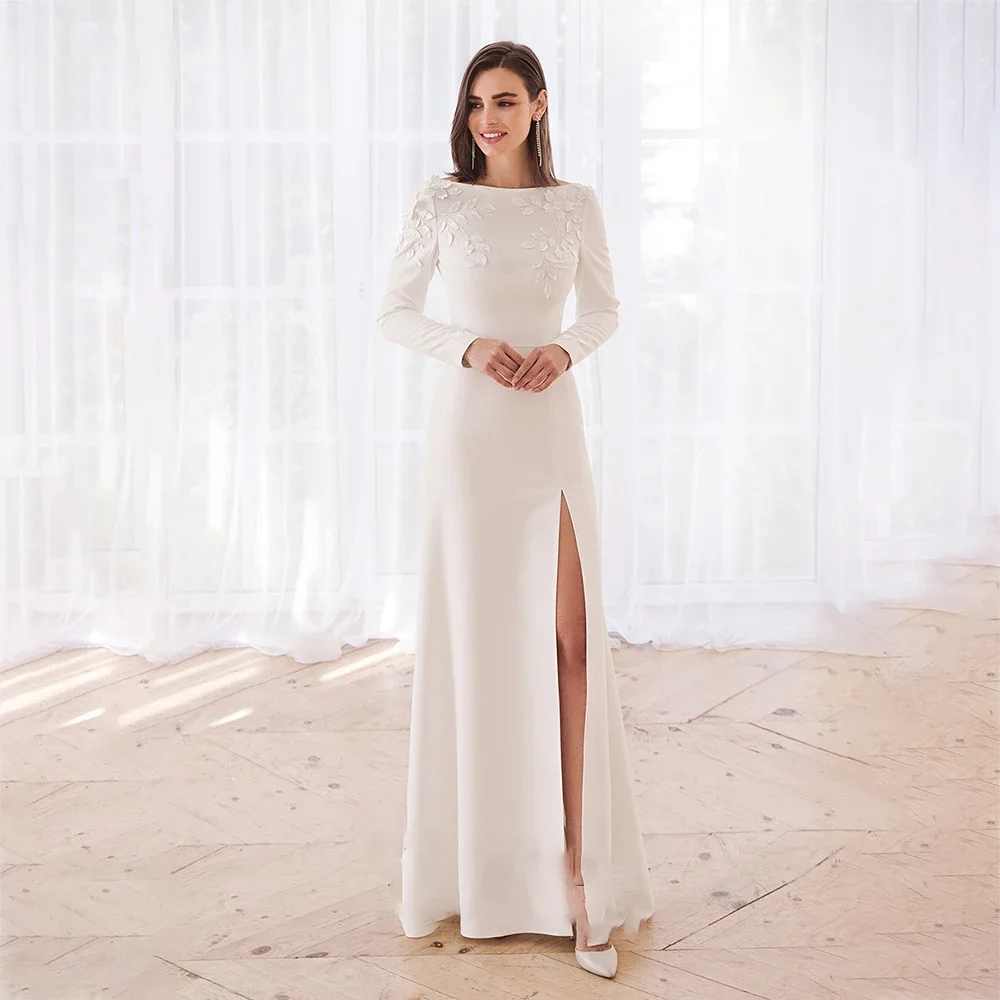 

Элегантные трикотажные свадебные платья по индивидуальному заказу, трапециевидные платья невесты с открытой спиной и аппликациями, вечернее платье с боковым разрезом и скользящим шлейфом для женщин