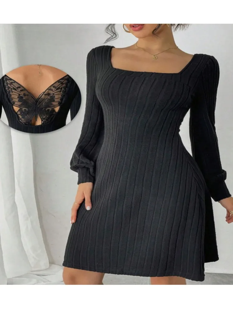 

Autumn Winter Lady Knitting Dress Solid Color Square-cut Collar Backless Lace Splicing Mini Dresses Woman's High Waist Vestidos