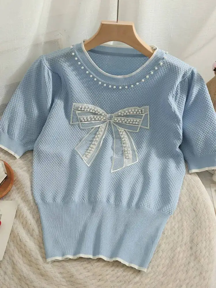 

Korean Version Nail Bead Mesh Bow Round Neck Short Sleeve Top Women's 2025 New Waist Closing Thin Knitted T-shirt