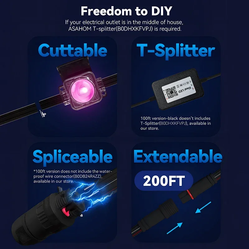 أضواء حائط RGBIC بطول 300 قدم IP67 مقاومة للماء، تحكم في التطبيق مع مزامنة الموسيقى والمؤقت، إضاءة سطح السفينة الخارجية لحديقة فناء الشرفة #6