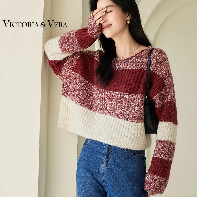 VICTORIA&VERA 2024 Winter New Style Women's Knitted Sweater with Color Matching O-neck Short Long Sleeve Top  Pullover