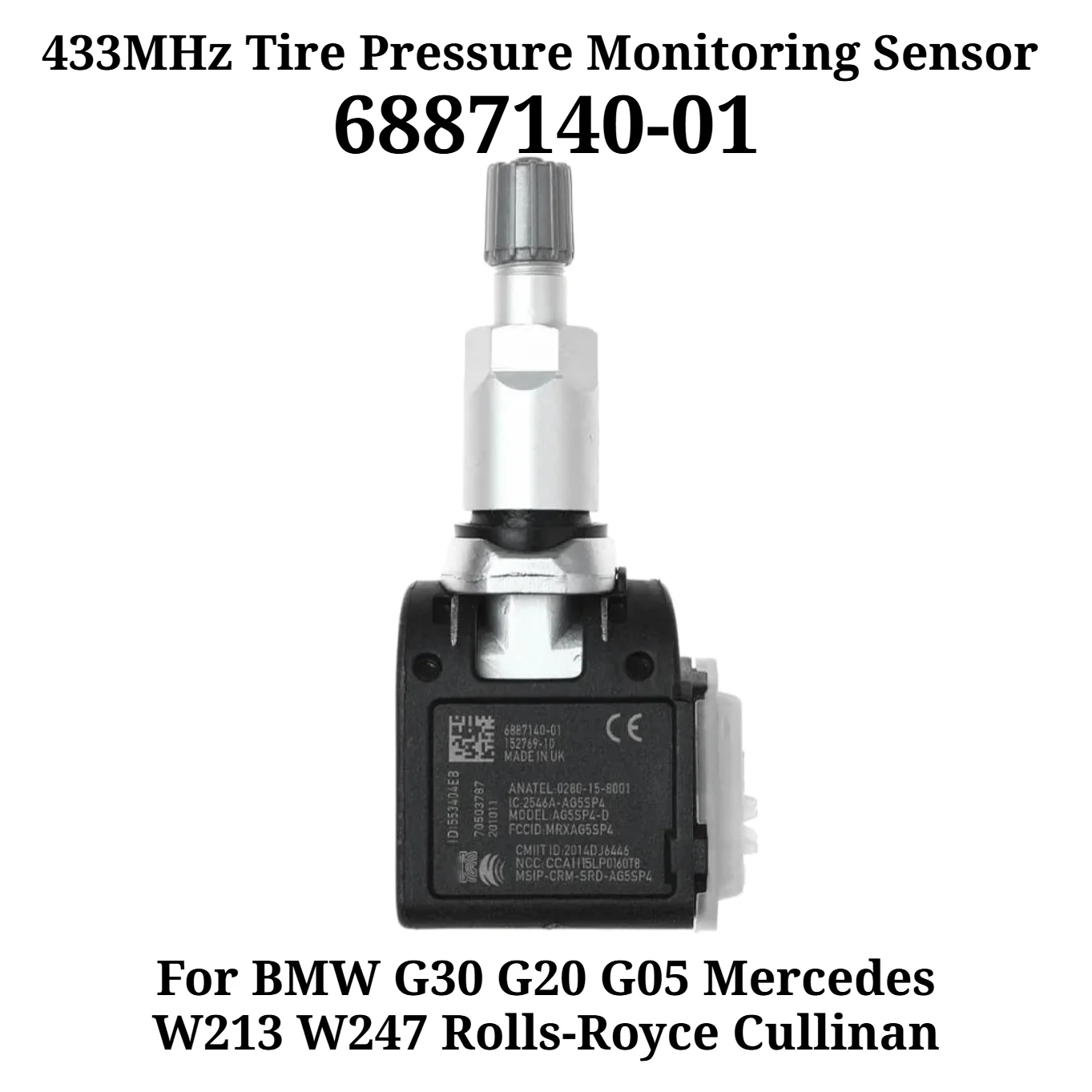 4PCS 6887140‑01 433MHz TPMS Tire Pressure Monitoring Sensor for BMW G30 G20 G05 Mercedes W213 Rolls‑Royce Cullinan 152769‑10
