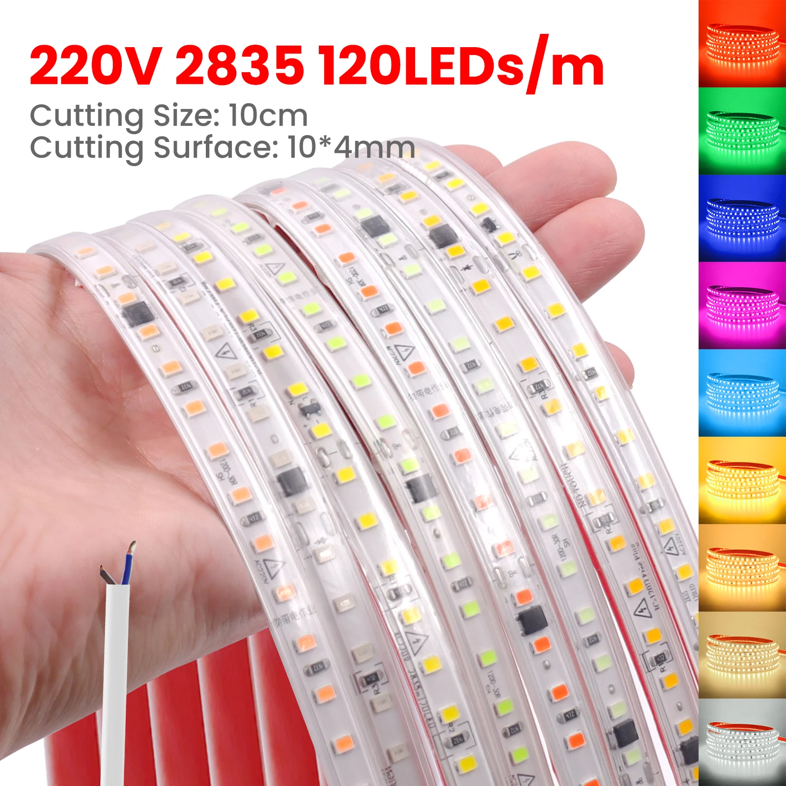 220V 2835 LED Strip Waterproof 120Leds Flexible Ribbon Tape 10cm Cut White Red Ice Blue Pink Self Adhesive LED Lights Home Decor