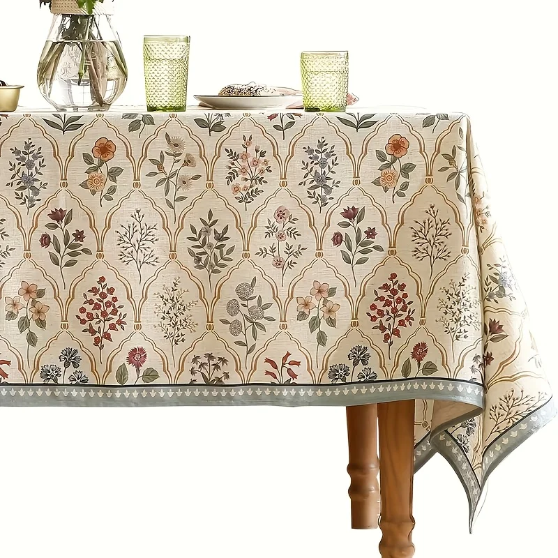 1pc, Linen Texture Spring Elegant Floral Pattern Tablecloth, Perfect for Thanksgiving and Holiday Kitchen Decoration, Rectangular Shape 51x51/51x70/56x83/56x103 Inches