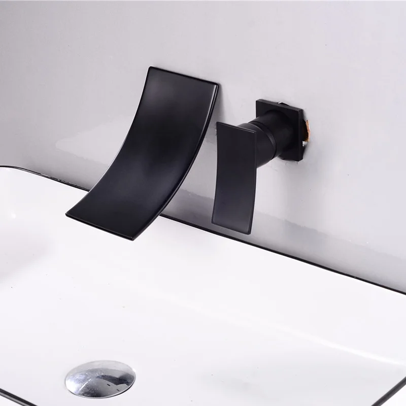 Brass one-piece wall-in-painted black waterfall basin hot and cold water faucet Two-hole