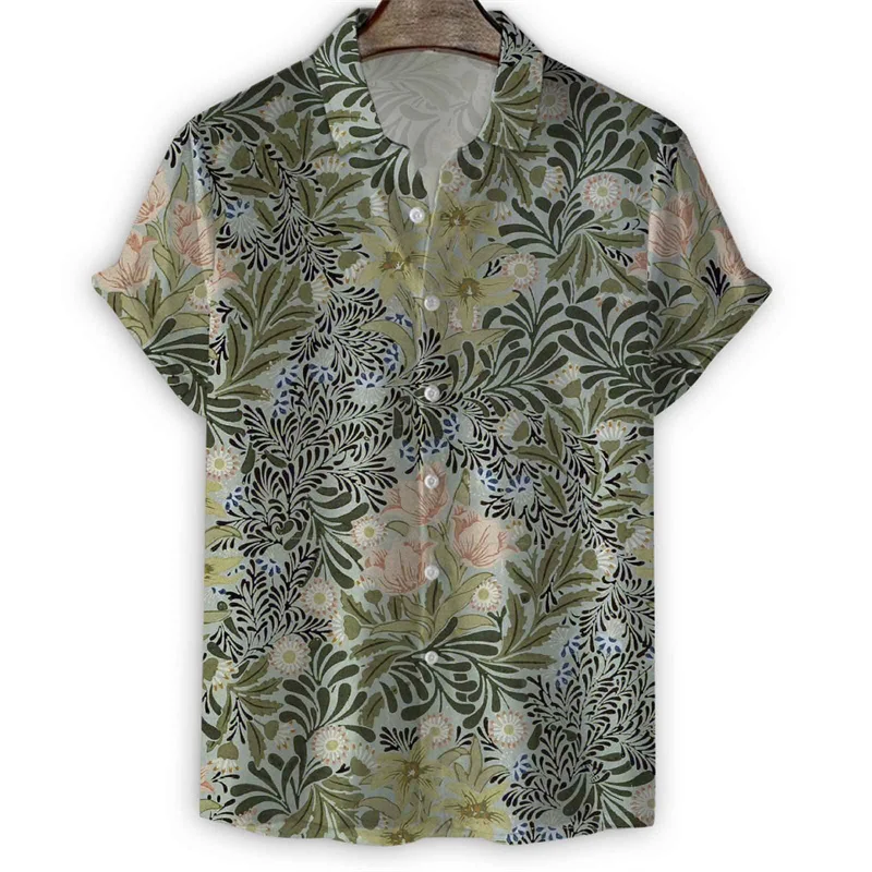 Retro Plants Flower Leaf 3d Print Hawaiian Shirt Men Summer Floral Short Sleeves Oversized Tees Street Button Lapel Blouse Tops