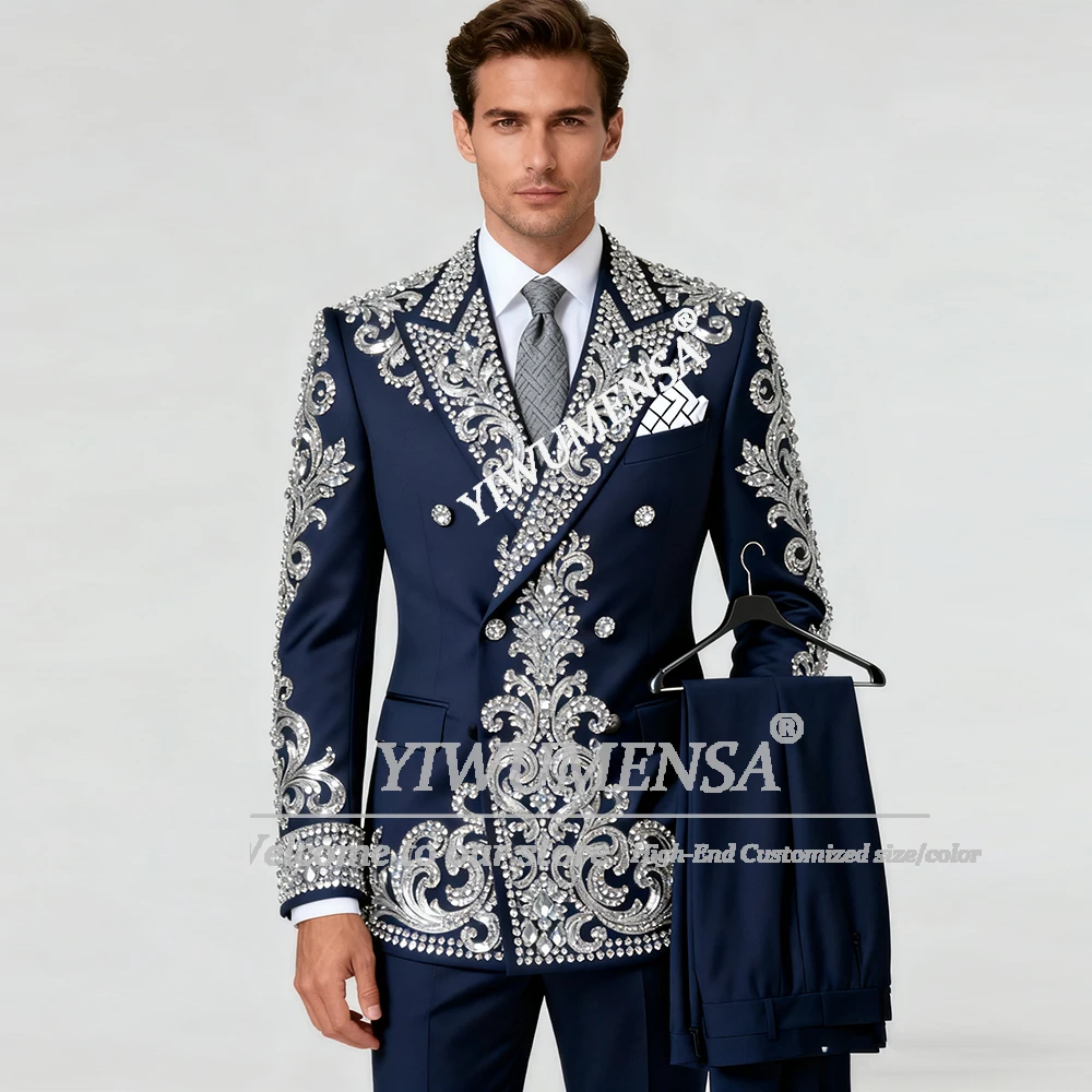 

Rhinestones Beading Suits Men For Wedding Double Breasted Groom Blazers Customized 2 Pieces Sets Man Tuxedos trajes para hombre