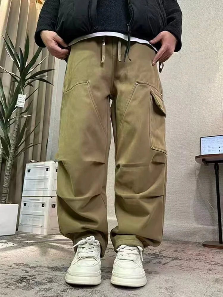 厚手の綿作業服パンツ秋冬暖かいフリースワイドレッグカジュアルパンツ複数のポケットルーズフィットアウトドアギア