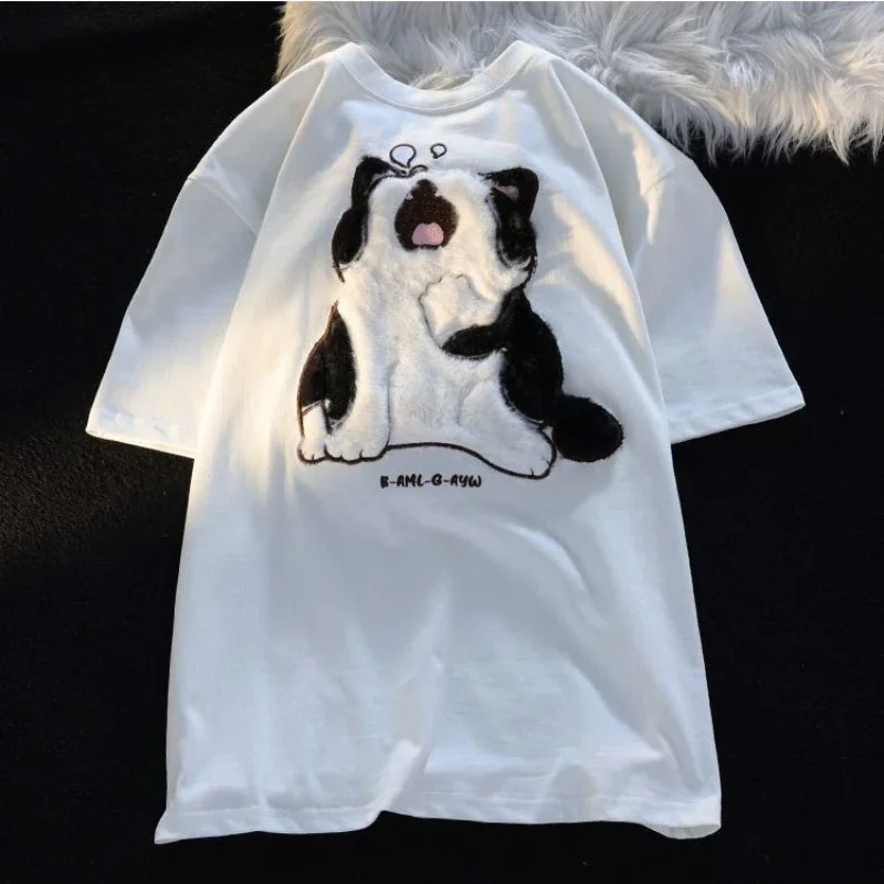 Cotton Yawning Milk Cat Couple Loose T-shirt Female Summer Ins Cute and Versatile Wind Short Sleeved Oversized T Shirt Harajuku