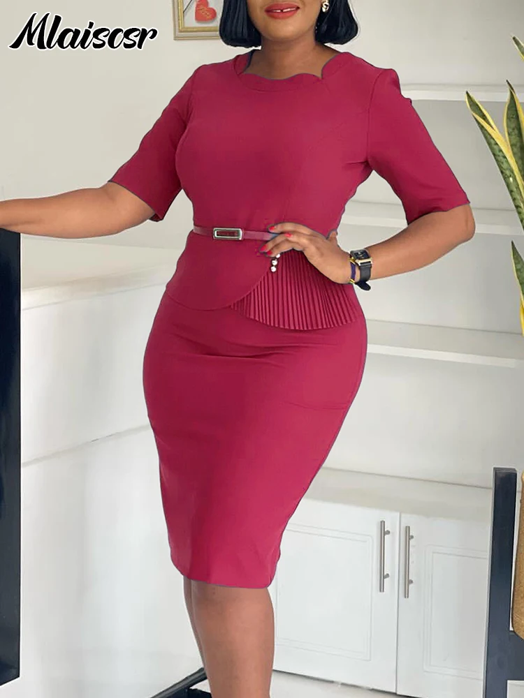 Mlaiscsr Elegant Office Lady Mid Dresses with sashes for African Women Half Sleeves Slim Work Wear Female Birthday Evening Gowns