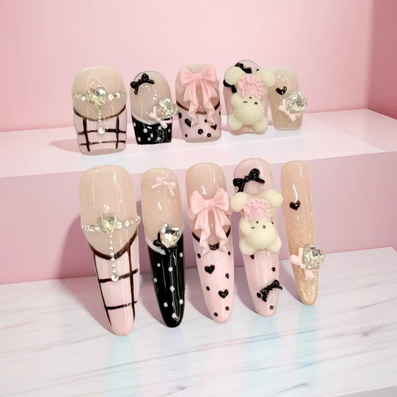 

10 Pieces Sweet Girl Vintage Style Handmade Press On Nails Cute Bear Diamonds Bow Plaid French False Nails Removable Reusable