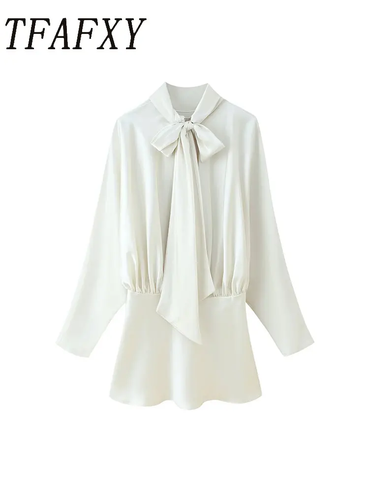 

TFAFXY Women Satin Blouse 2025 Autyumn Long Sleeve Bow Lace Up Loose Shirt Female Casual Top Y2K