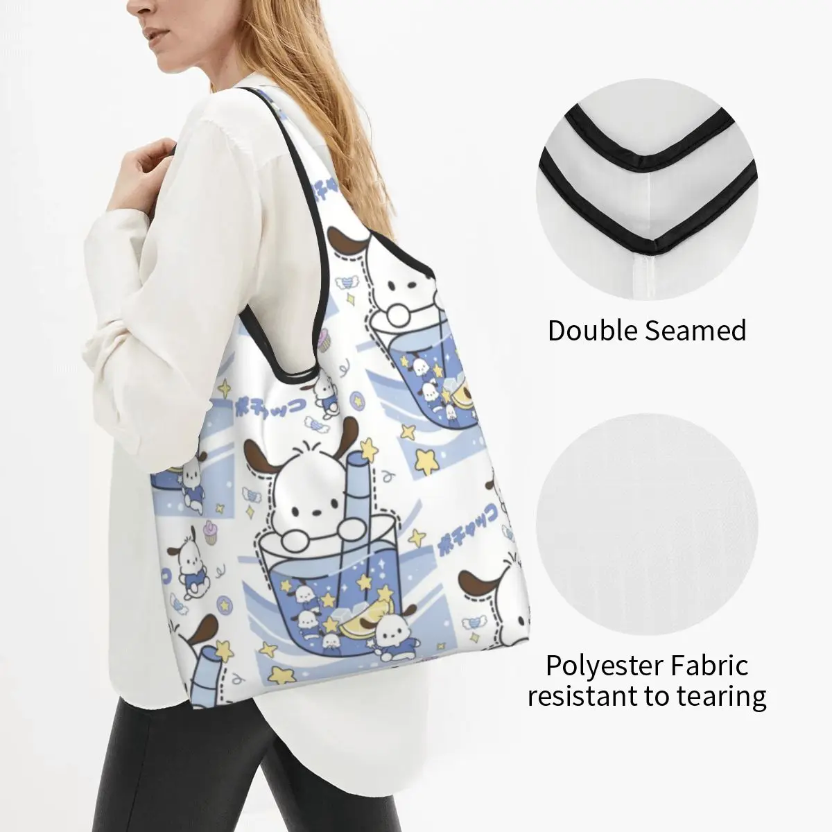 Custom Pochacco Sanrio Cartoon Groceries Shopping Tote Bags Women Cute Shopper Shoulder Bag Big Capacity Handbag