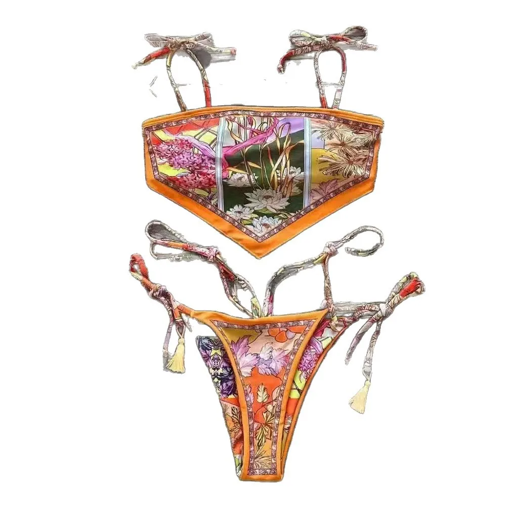 Women Boho Floral Bikini Set Irregular Bandana Side Tie Triangle Bottom 2 Piece Beach Swimsuit Summer Pool Vacation Bathing Suit