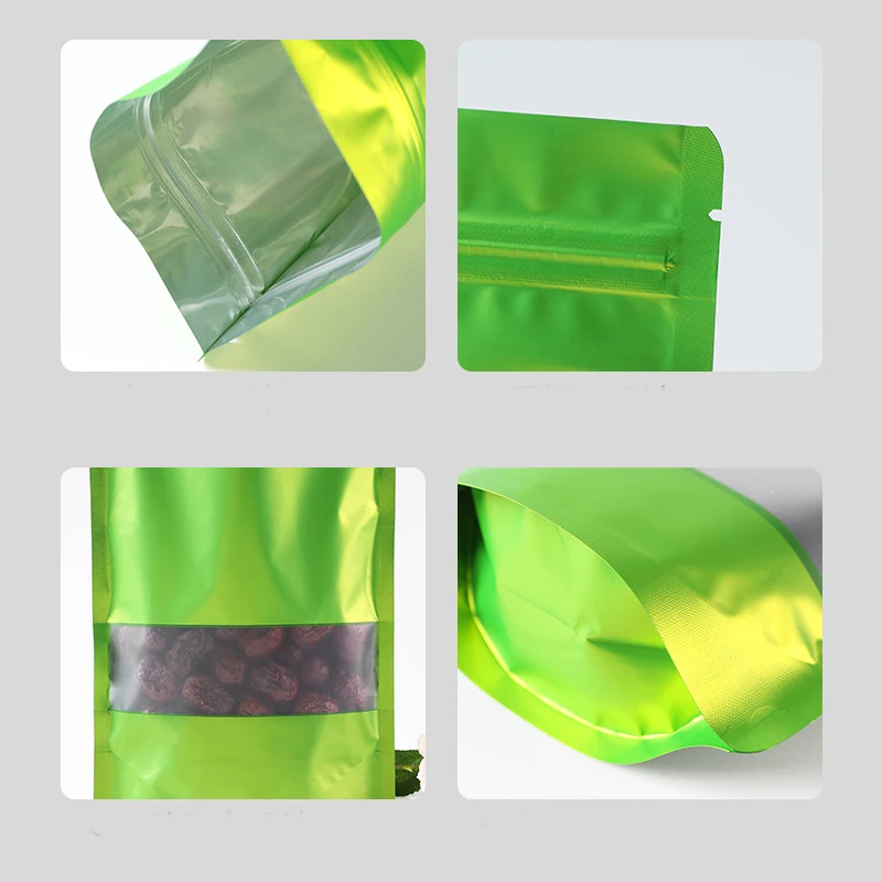 Solid Color Aluminum Foil Bag, Reusable Matte Vertical Food Packaging Bag with Display Window, Self Sealing Plastic Zipper Bag