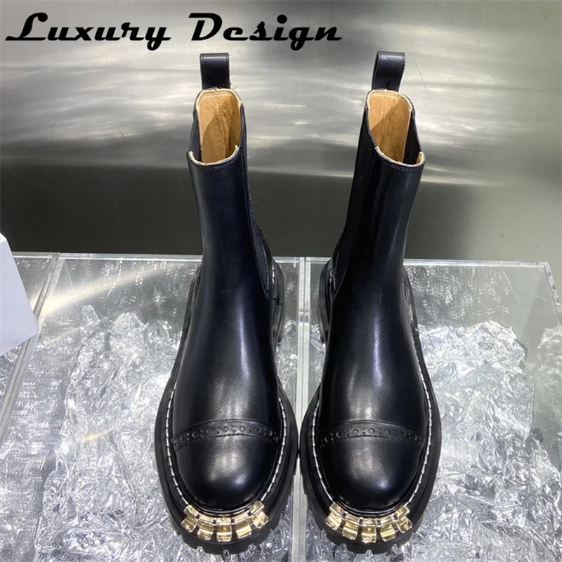 Natural Leather Ankle Boots Women Thick Sole Round Toe Casual Shoes Quality Leather Platform Short Boots Designer Brand Shoe