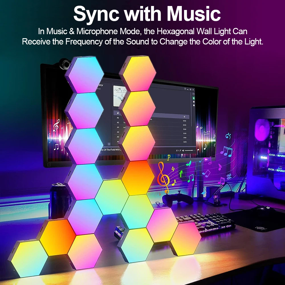 Hexagonal hexagonal luzes LED para quarto, parede painel RGB, Smart App, Modular Gaming Lights, Night Light, música Sync, favo de mel, 20, 12, 8, 3