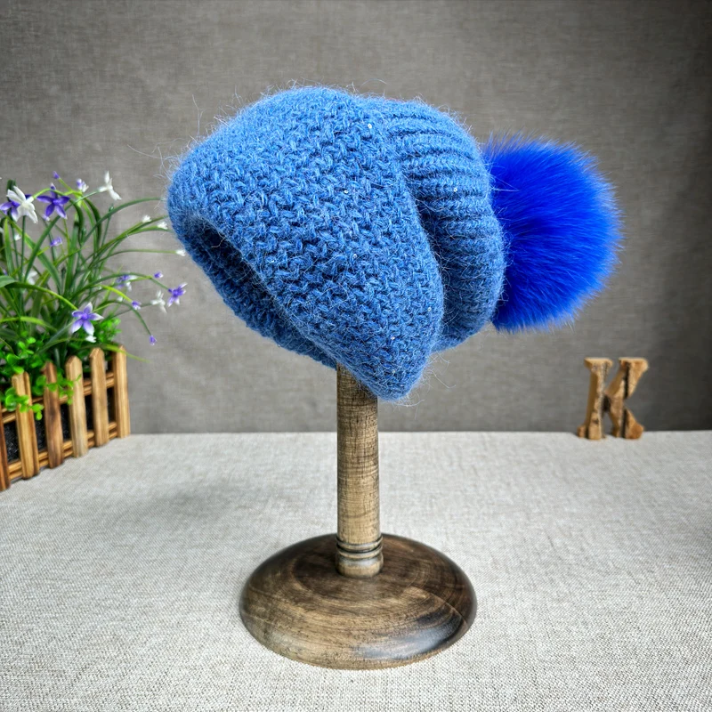 2024 High end big head circumference, small face, rabbit hair sequin knitted hat fox fur ball warm and loose stacking hat