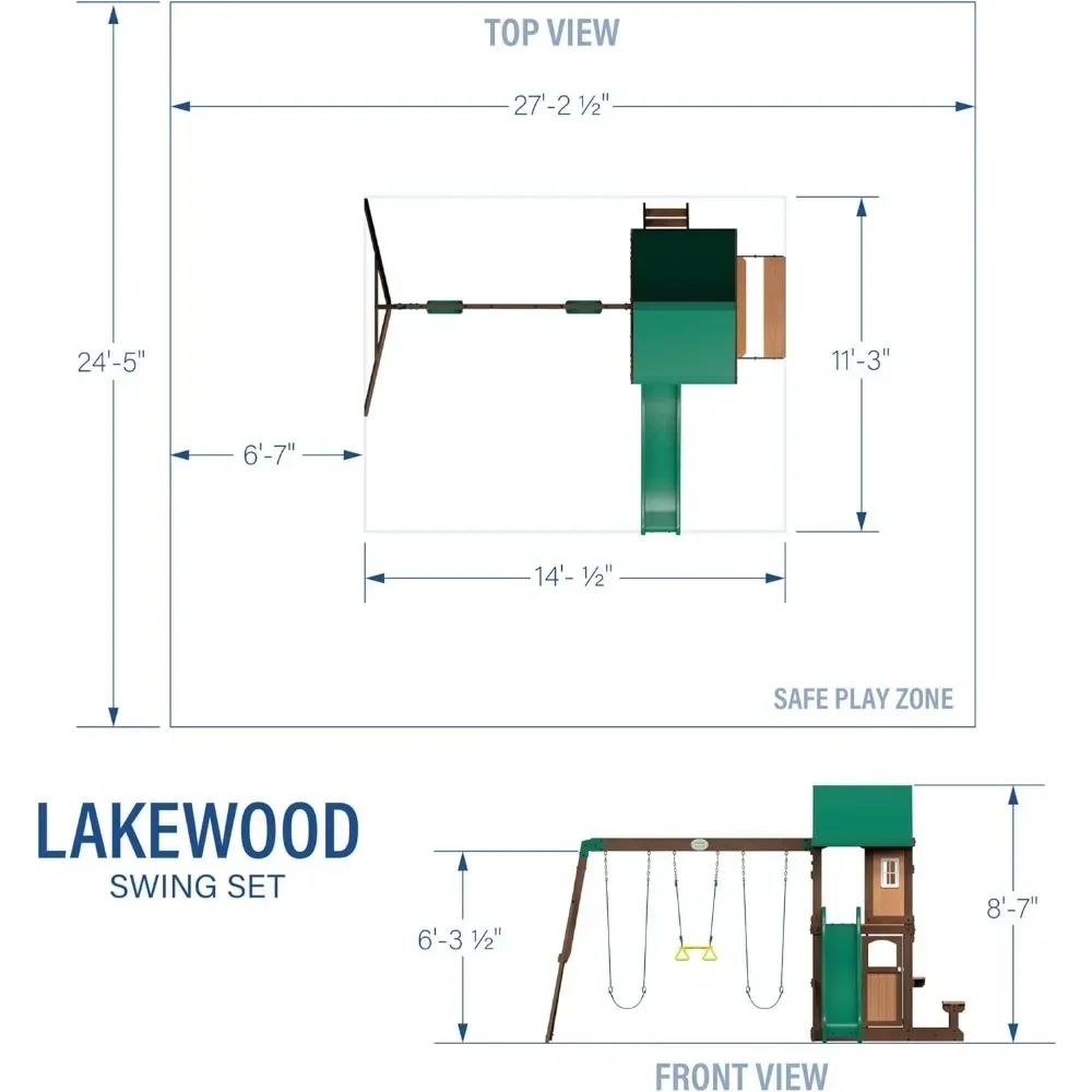 Lakewood Cedar Wood Swing Set, Covered Upper Deck with White Trim Window, Slide with Rails, Lower Fort Area with Door