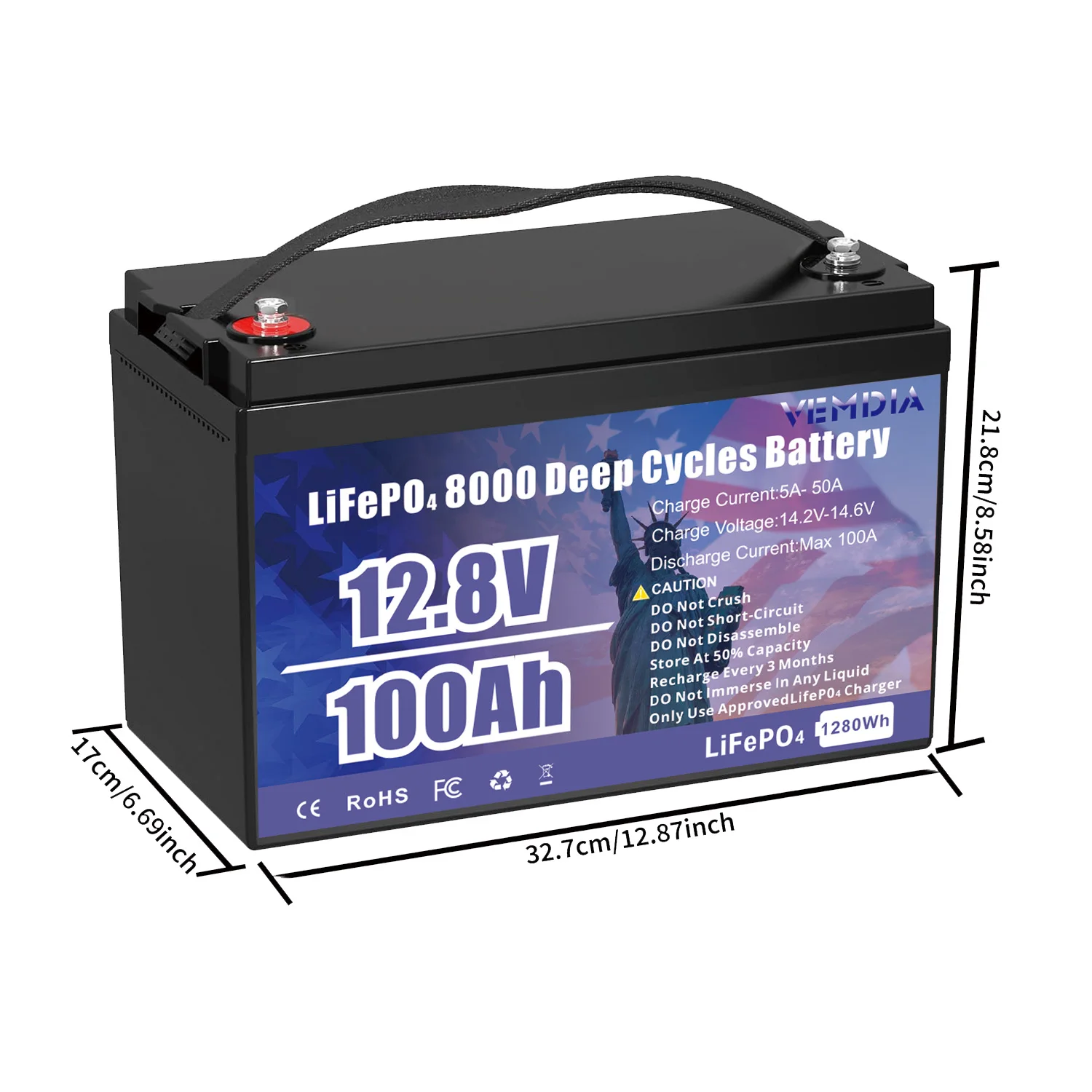 VEMDIA 12V 100Ah LiFePO4 Battery Built-in Intelligent BMS for RV Solar Marine Trolling  Motor  Backup Power