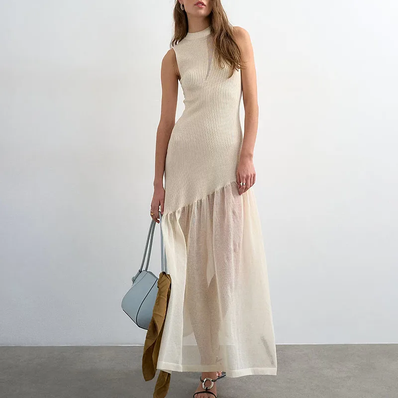 Elegantes Bürokleid mit Schlanker A-Linie, Gestricktes Patchwork-Netzkleid für Damen, Schlichtes Sommerkleid mit O-Ausschnitt, Ärmellos, Langes Partykleid
