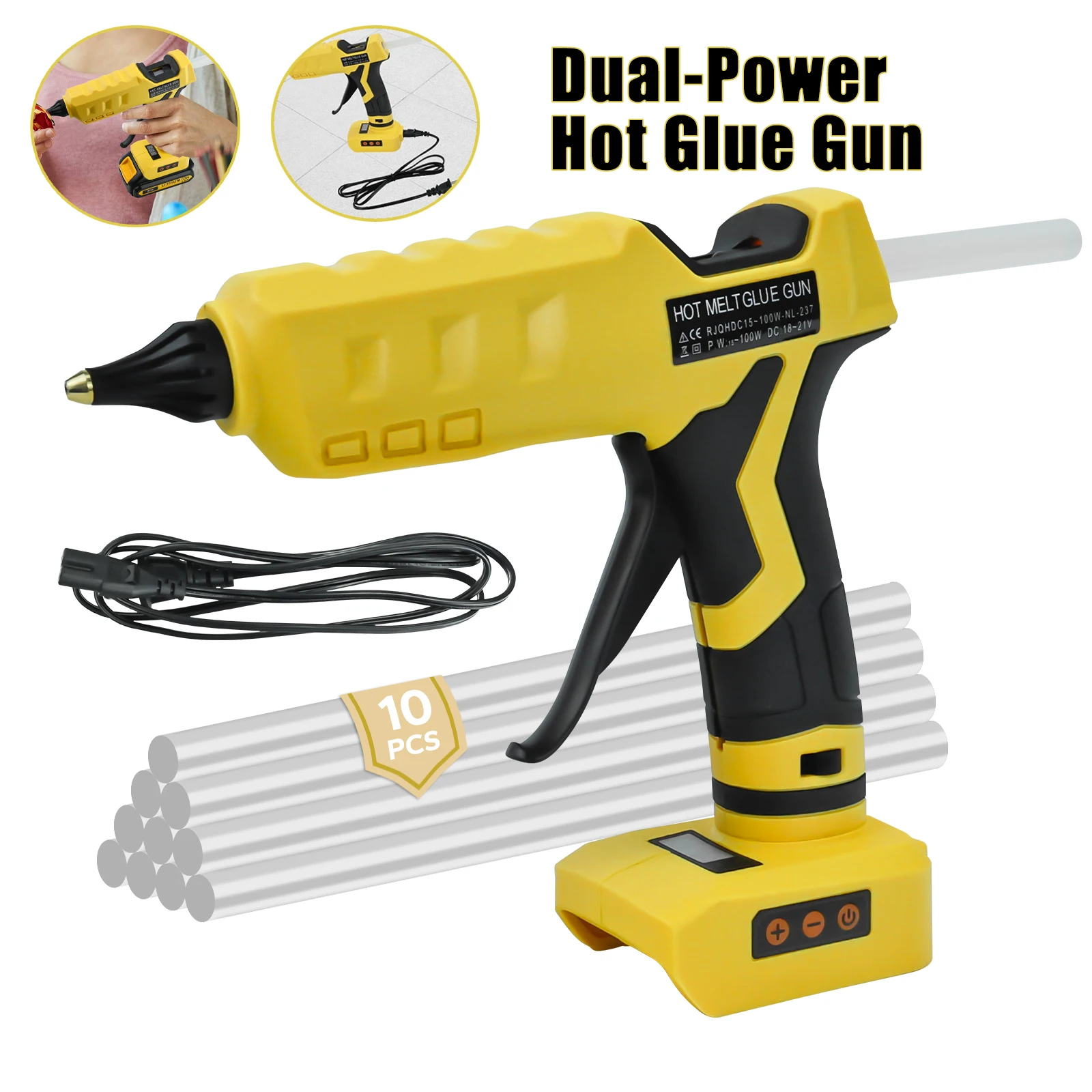 

Cordless Hot Glue Gun LCD Digital Display Dual-Power Glue Gun with Plug & 10Pcs 11mm Sticks for Dewalt 20V Battery (No Battery)