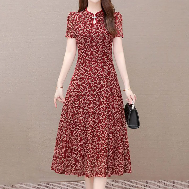 

2023 Summer New Improved Cheongsam Skirt Elegant Stand Collar Fragmented Flowers Short Sleeve Middle Length A-line Dress Women