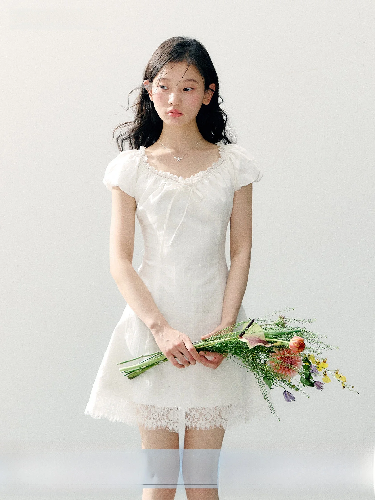 

Annatto Romantic Lace Knot Tie Bubble Sleeve A-Line Dress Women Summer Sweet Style Short Sleeve Slim Fit Casual Dress