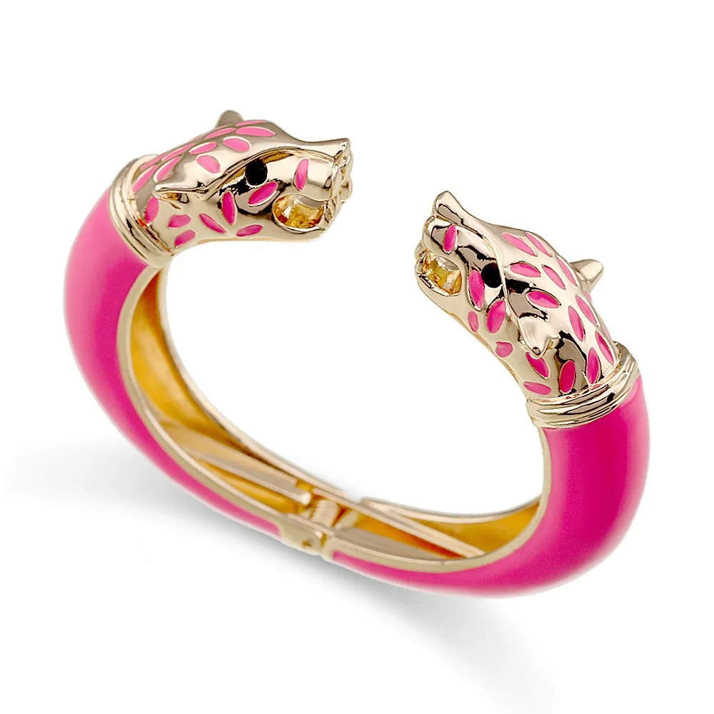 

Light Luxury Exaggerated Double Leopard Head Enamel Bracelet Gold Plated Oil Drip Zircon Inlaid Retro Animal Bangle Women Party