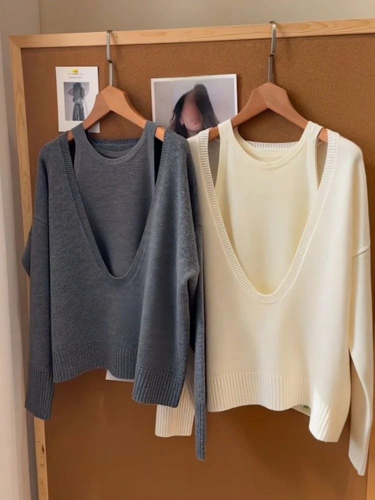 V Neck Fake Two Korean Fashion Sweater Jumper Sueter Mujer Long Sleeve Top Knitted Grey Pullover Pull Femme Cashmere Shirts