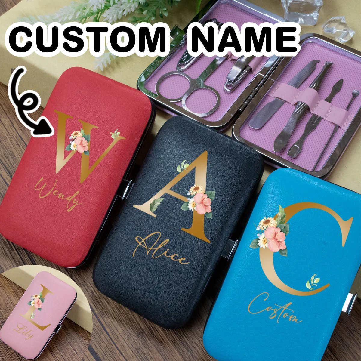 Individuelles Nagelknipser-Set mit Buchstaben und Namen, personalisiertes Nagelset, anpassbares Reise-Nagelset, PU-Leder, Valentinstag