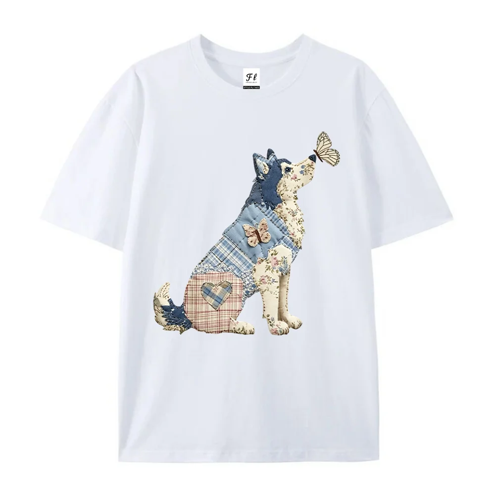 Women Cute Dog Graphic T Shirt Patchwork Husky Floral Butterfly Print Short Sleeve Tee Casual Vintage Animal Lover Apparel