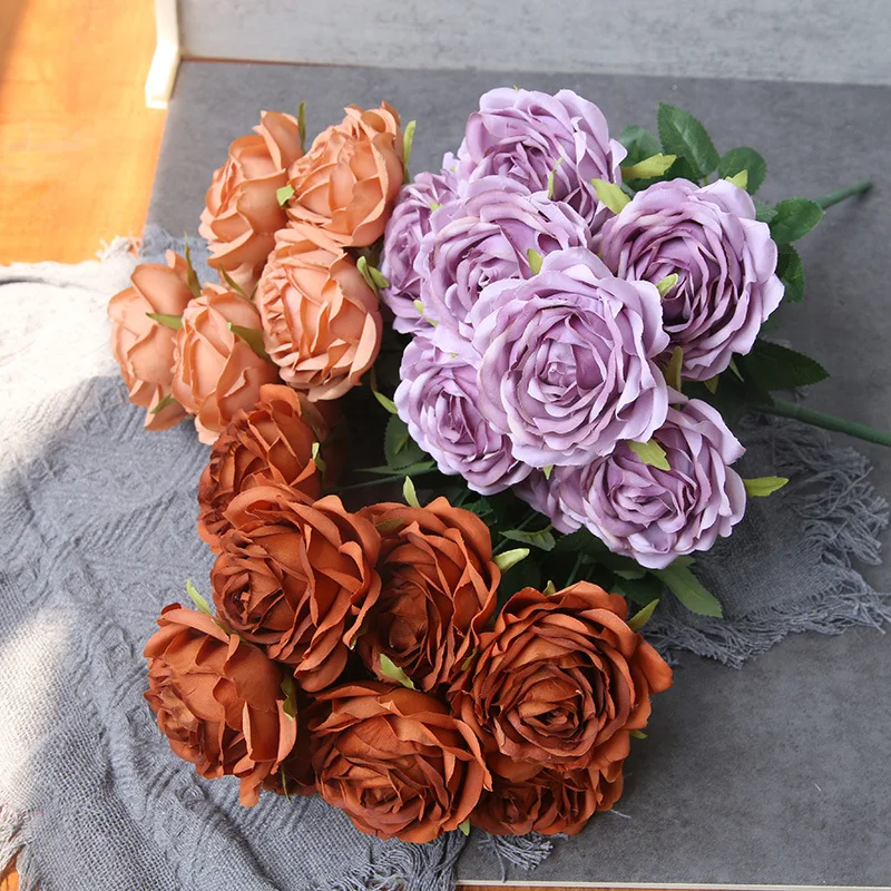 Artificial Melaleuca Roses Autumn Flowers Wedding Photography Bouquet Home Living Room Garden Orange Silk Fake Flower Decoration