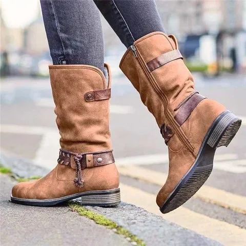 Women's Boots 2025 Autumn/Winter New Product Comfortable Low Heel Round Head 40-43 Mid Top Women's Boots Trendy Boots