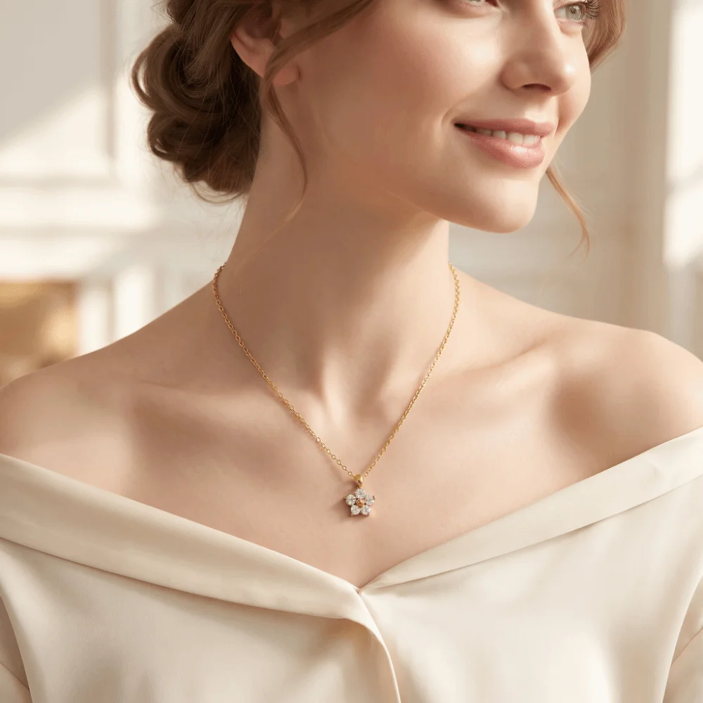 Hypoallergenic Blossom Pendant Necklace Tarnish Resistant 18K Gold Plated Flower Pendant Necklace Multicolour Cubic Zirconia