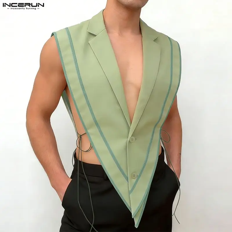 INCERUN Men's Vests Patchwork Color-block Lace Up Hollow Out Male Waistcoats Personality Streetwear Irregular Vests For Man 2026