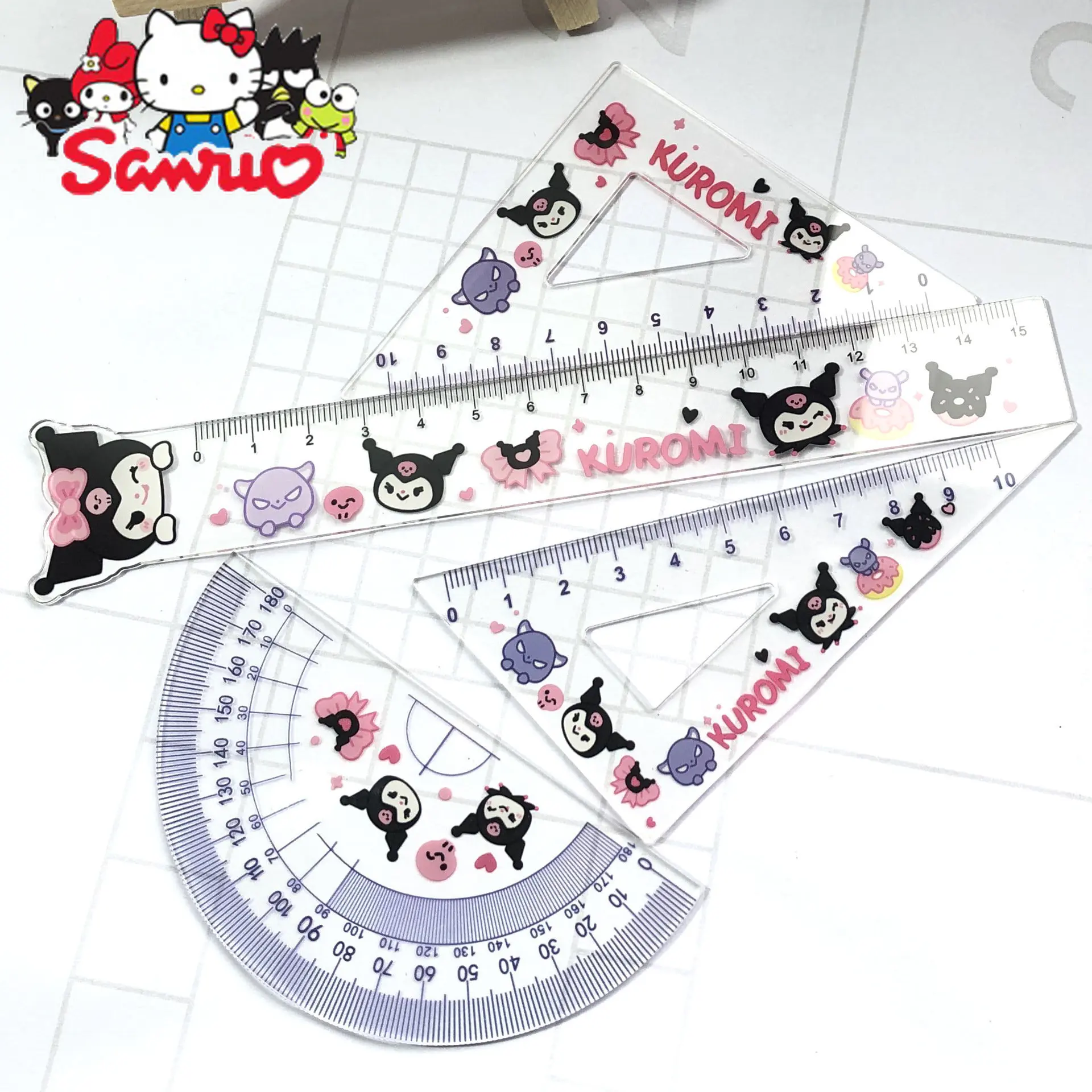 

1Set Acrylic MINISO Melody Kuromi Hello Kitty Cinnamoroll Measuring Ruler Trigonometric Student Girls Holiday Measuring Ruler