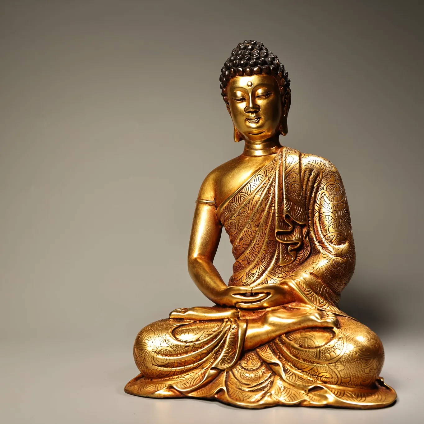 

10"Old Xizang folk collection Bronze Gilded Mud gold High Relief Amitabha Shakyamuni Sitting Buddha Worship Hall