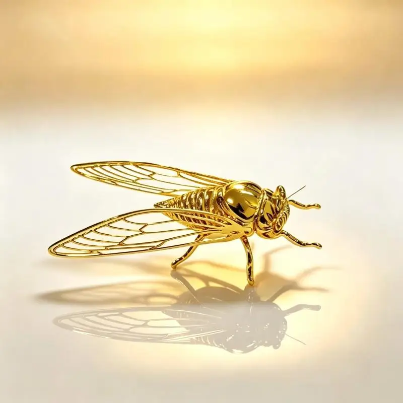 1Pcs Realistic Hollow Wing Cicada Sculpture Golden Finish Alloy Figurine Vintage Style Insect Ornament Home Set Accessory