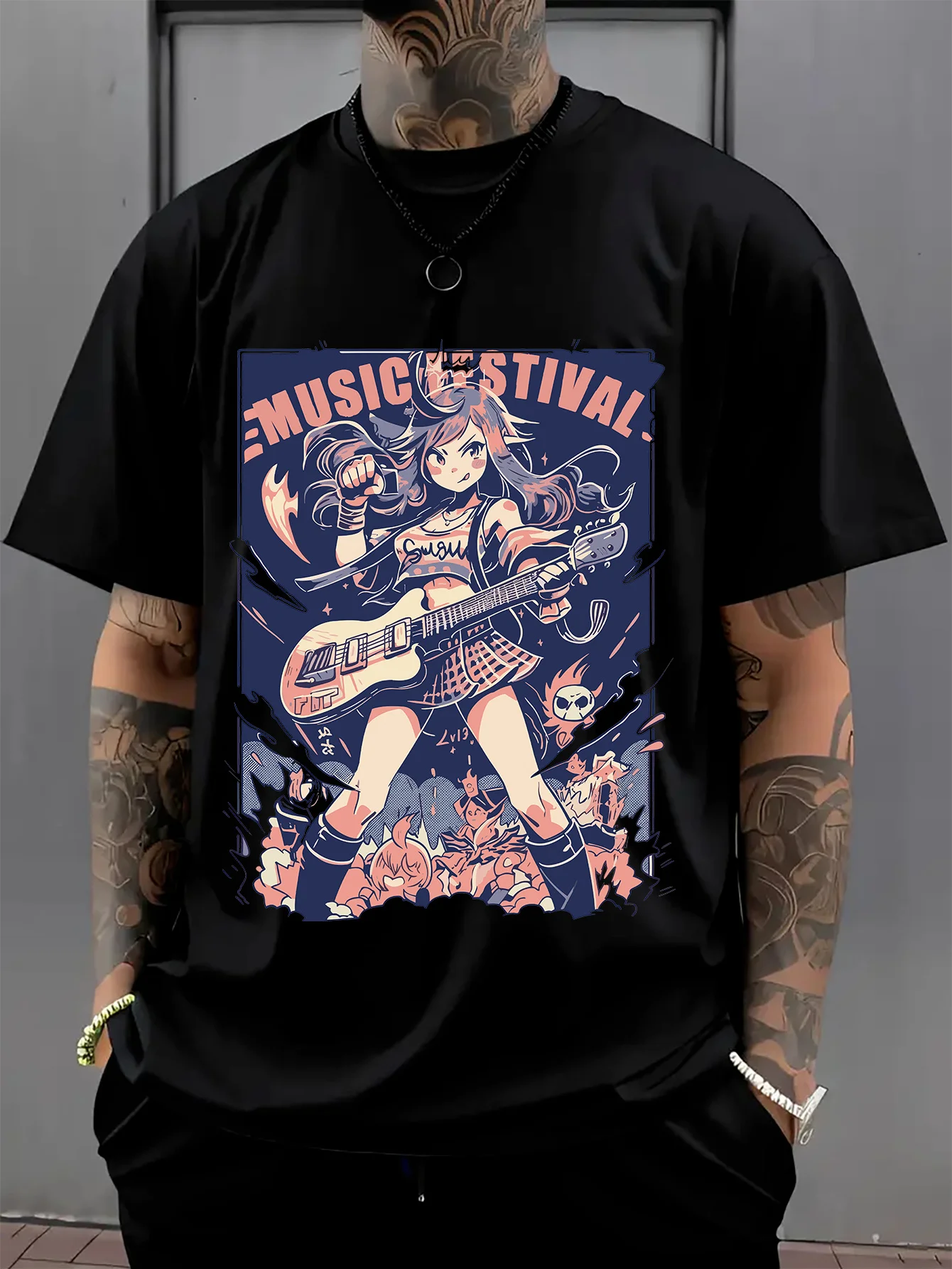 Anime Beauty Guitarist, Four Seasons Short Crew Neck Street Style 100 % Cotton T - Shirt, Men' S