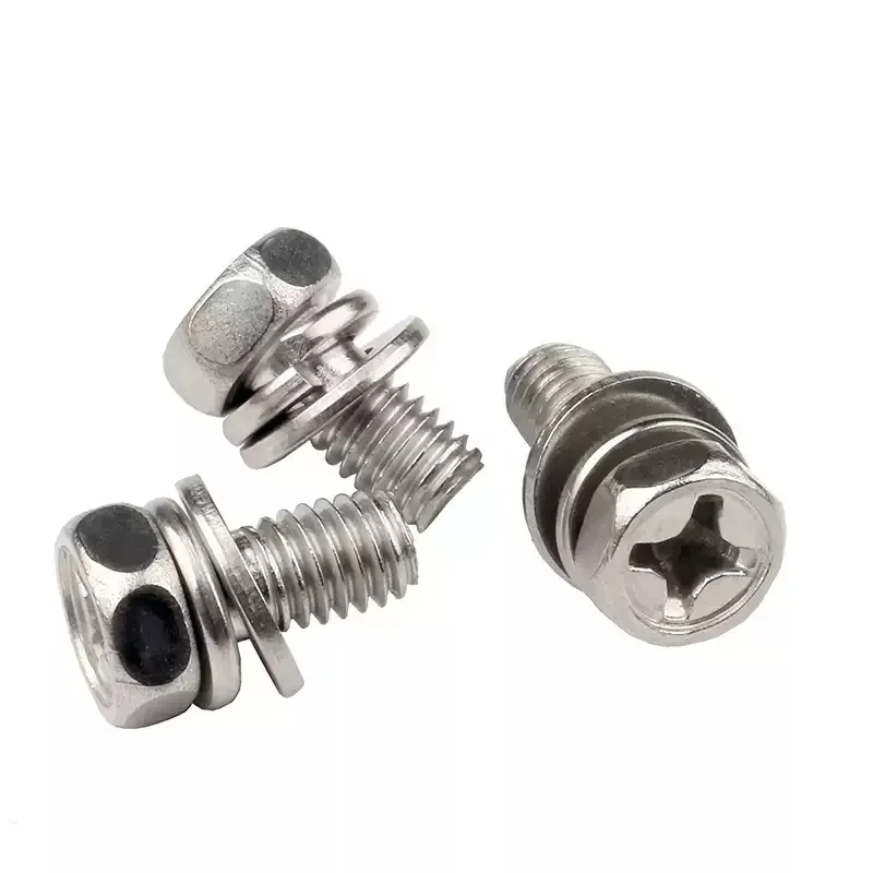 304 Stainless Steel Cross recessed Hex Head With Washer Sem Screw M3 M4 M5 M6 M8 M10 Flat Washer Spring Gasket Assemble Bolt