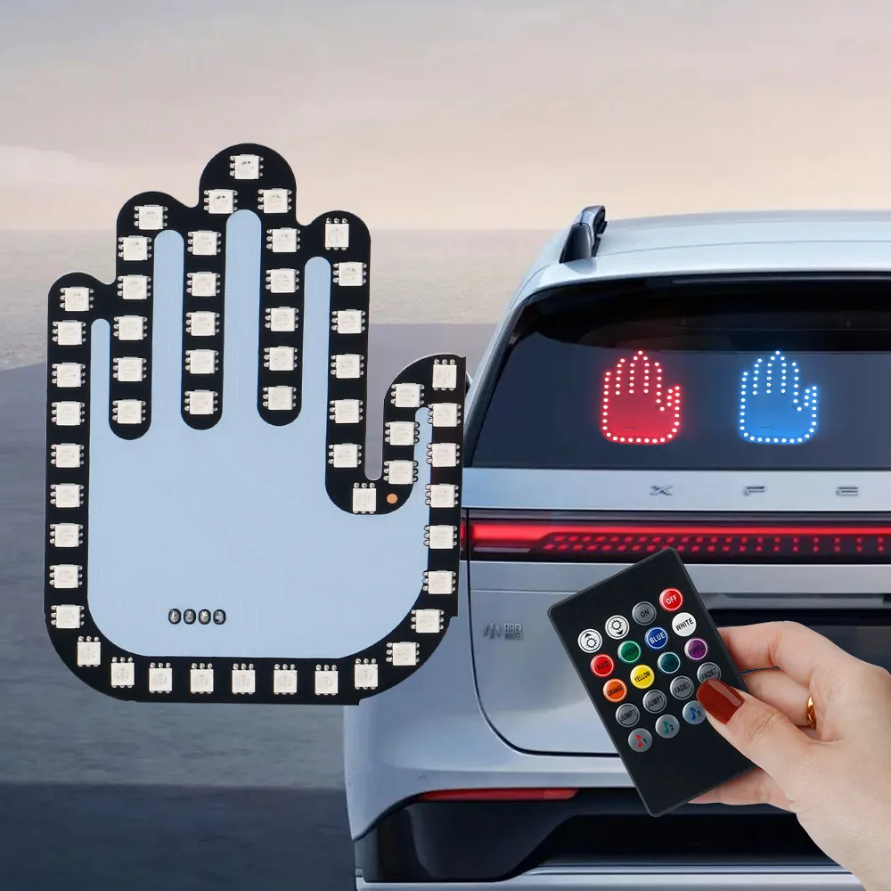 Fun LED Car Middle Finger LED Lights Remote Control RGB Vehicle Gesture Light Decorative Road Rage Windshield Indicator Lighting