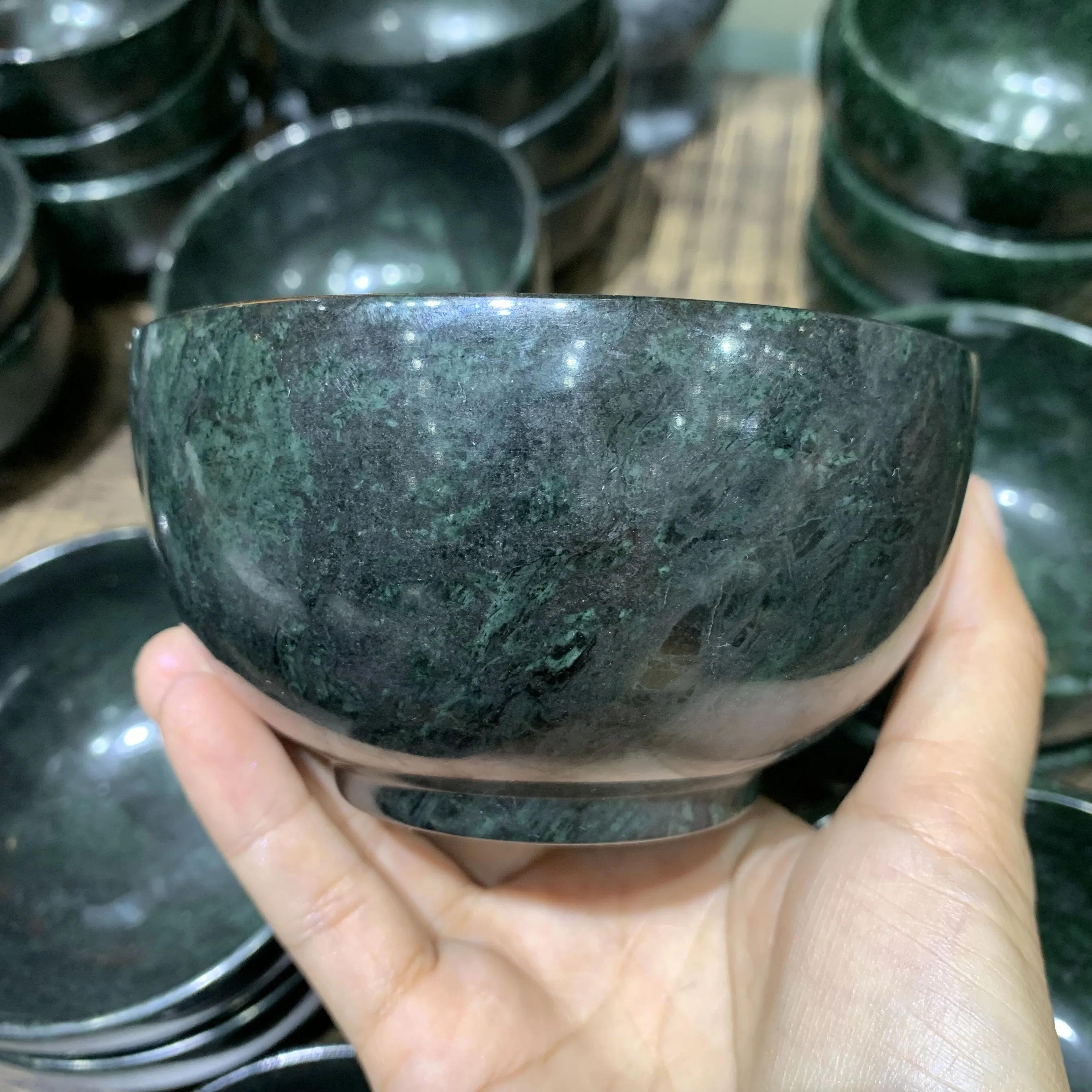 Naturla Tibetan Jade bowl Hand-Carved Round Dark Green Jade bowl for Kitchen utensils